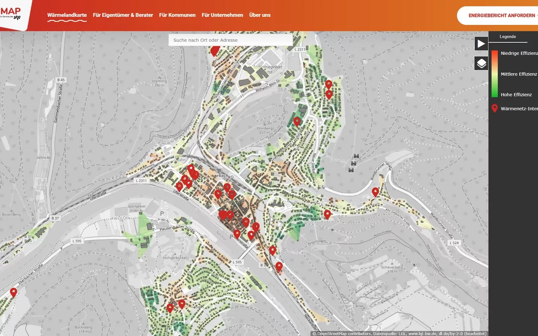 Screenshot der Website zum Wärmeinteressetool